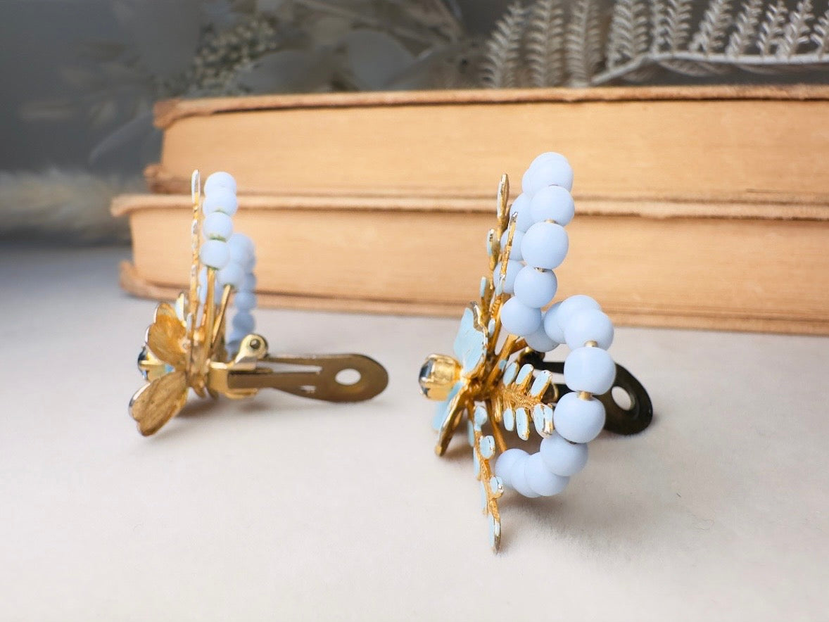 Blue Flower Earrings, Whimsical 60s Vintage Earrings, Rare Coquette Style Beaded Floral Enamel Earrings with Crystals