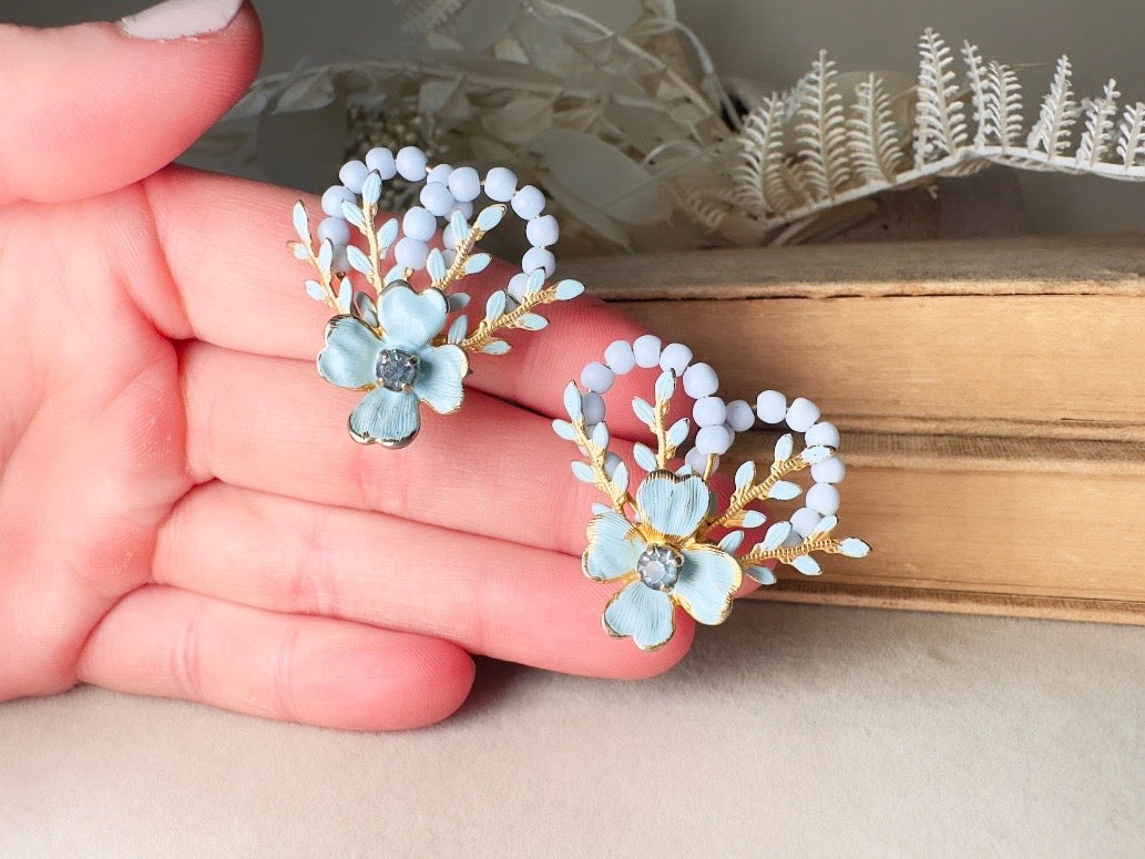Blue Flower Earrings, Whimsical 60s Vintage Earrings, Rare Coquette Style Beaded Floral Enamel Earrings with Crystals