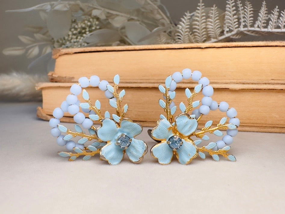 Blue Flower Earrings, Whimsical 60s Vintage Earrings, Rare Coquette Style Beaded Floral Enamel Earrings with Crystals