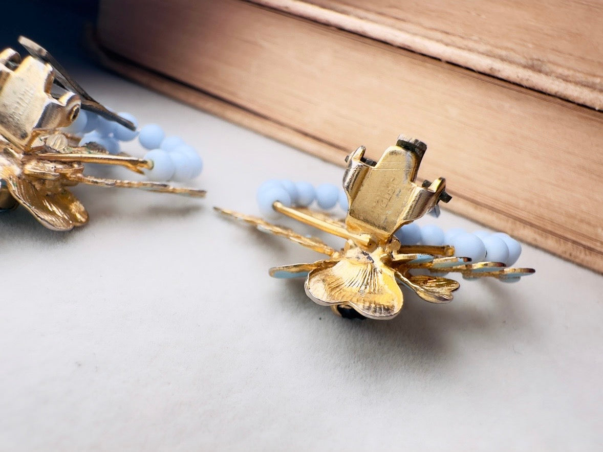 Blue Flower Earrings, Whimsical 60s Vintage Earrings, Rare Coquette Style Beaded Floral Enamel Earrings with Crystals