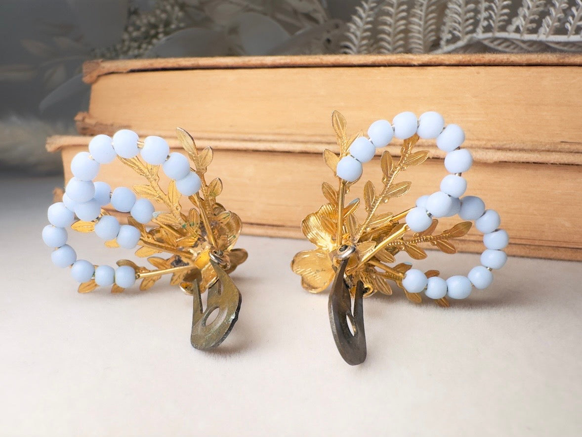 Blue Flower Earrings, Whimsical 60s Vintage Earrings, Rare Coquette Style Beaded Floral Enamel Earrings with Crystals