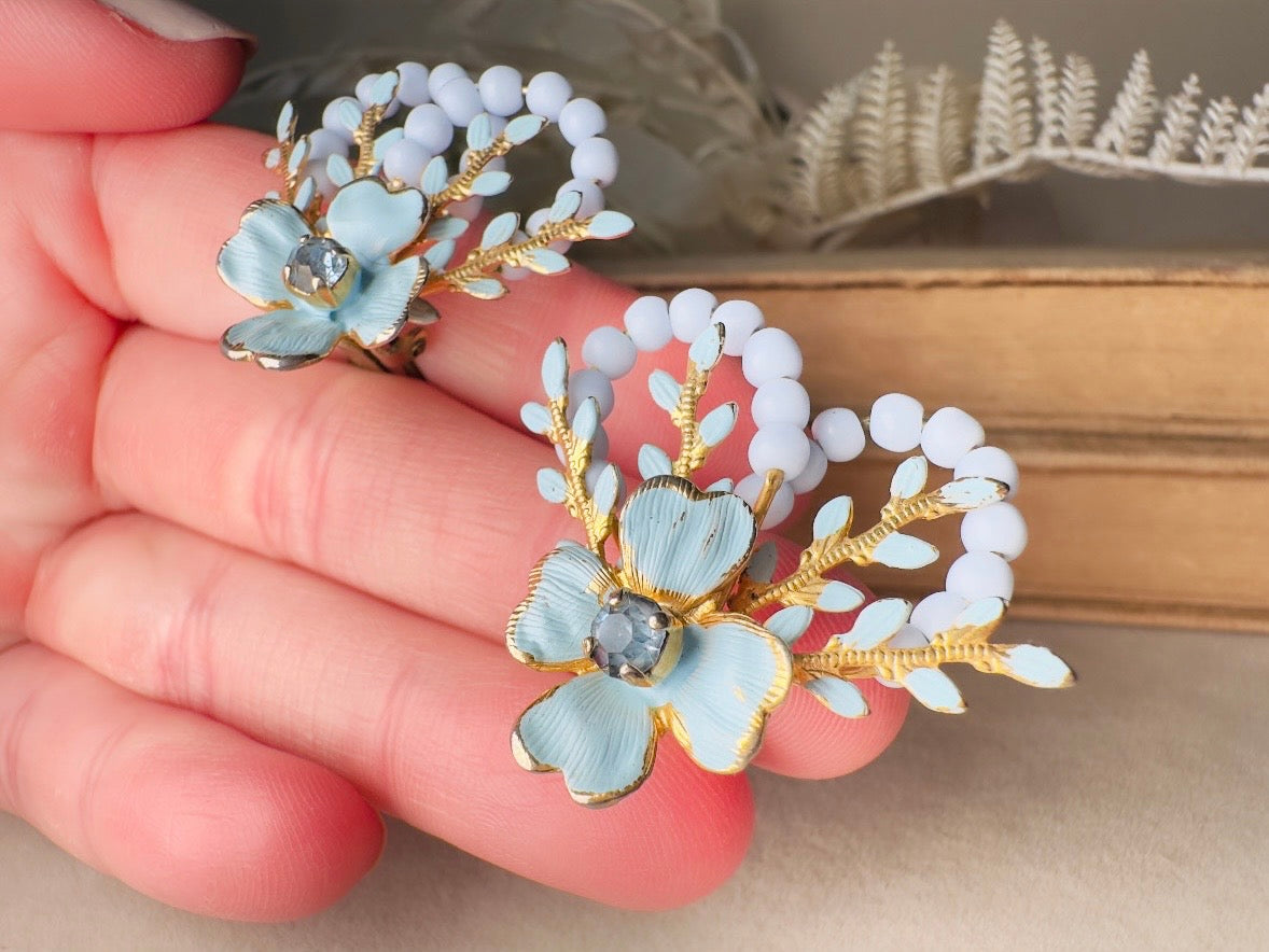 Blue Flower Earrings, Whimsical 60s Vintage Earrings, Rare Coquette Style Beaded Floral Enamel Earrings with Crystals