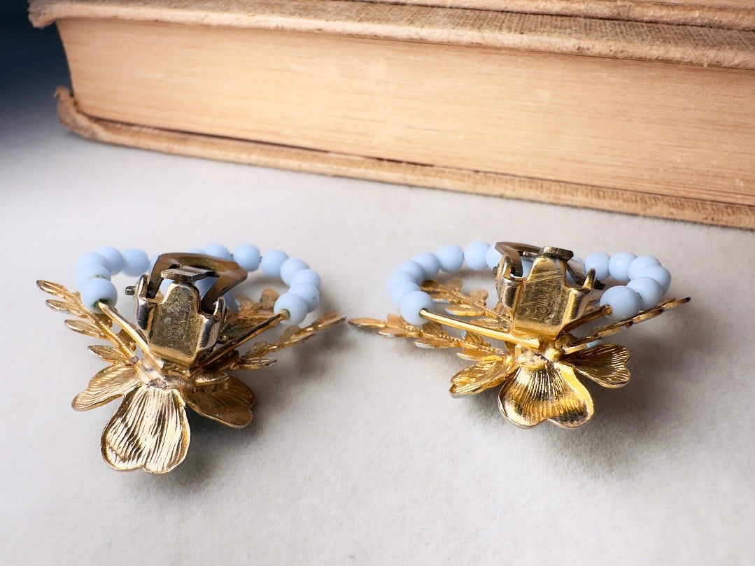 Blue Flower Earrings, Whimsical 60s Vintage Earrings, Rare Coquette Style Beaded Floral Enamel Earrings with Crystals