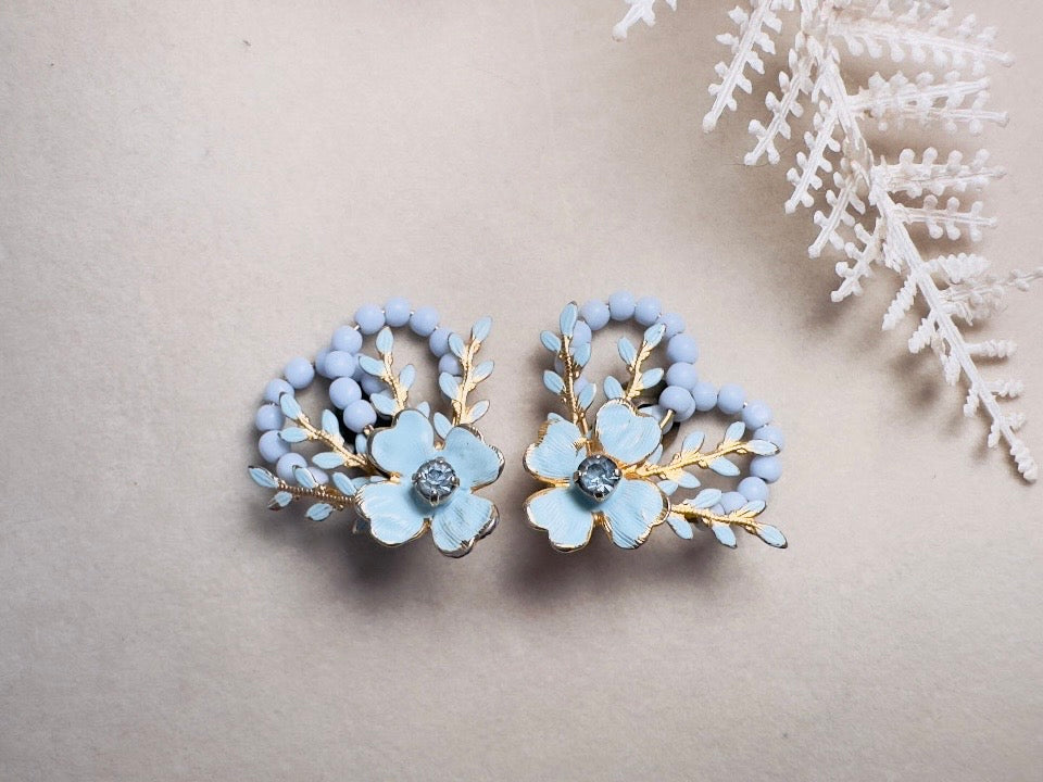 Blue Flower Earrings, Whimsical 60s Vintage Earrings, Rare Coquette Style Beaded Floral Enamel Earrings with Crystals