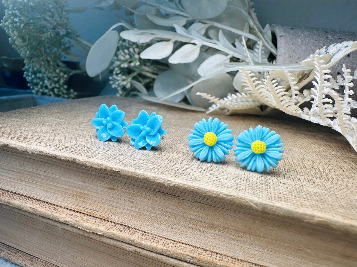 Blue Flower Stud Earring Gift Set, Sky Blue Gerber Daisy Earrings and Lotus Post Earrings, Hypoallergenic Surgical Steel 