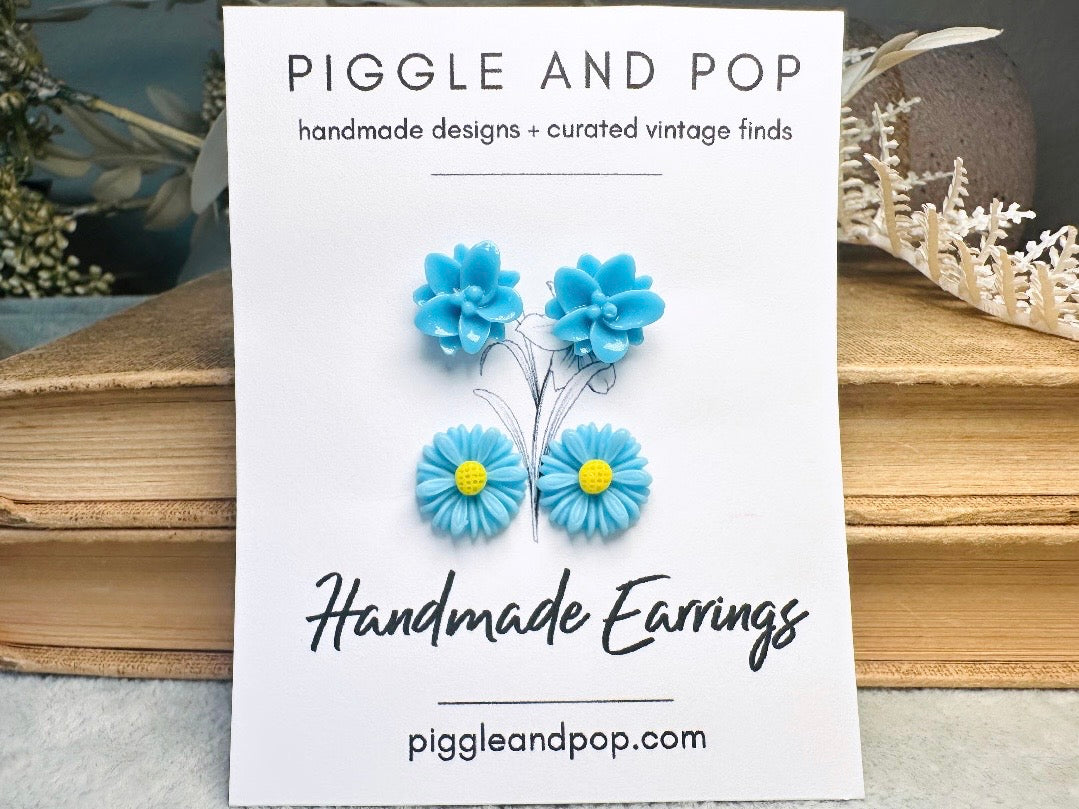 Blue Flower Stud Earring Gift Set, Sky Blue Gerber Daisy Earrings and Lotus Post Earrings, Hypoallergenic Surgical Steel 