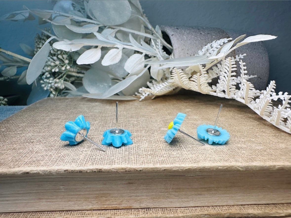 Blue Flower Stud Earring Gift Set, Sky Blue Gerber Daisy Earrings and Lotus Post Earrings, Hypoallergenic Surgical Steel 