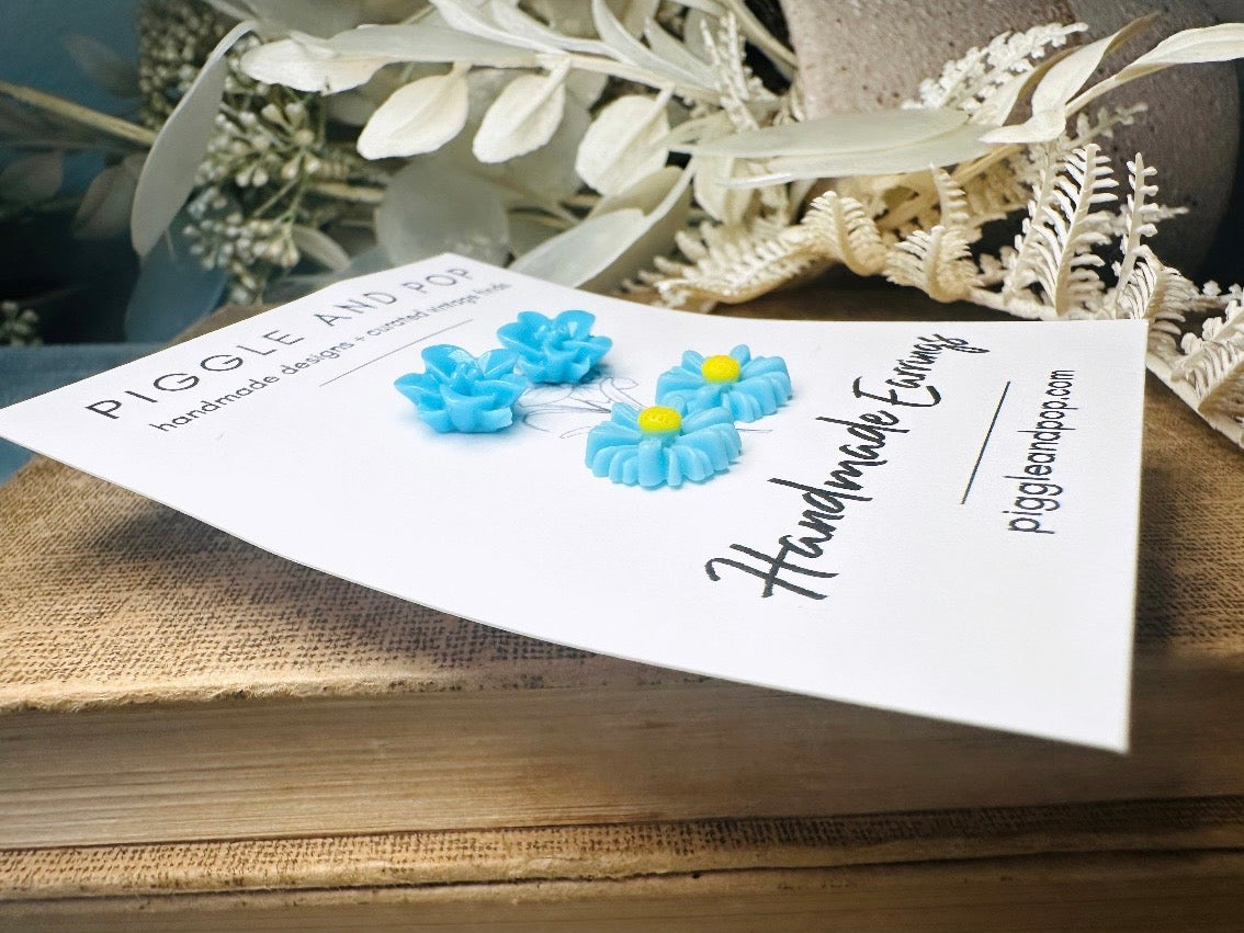 Blue Flower Stud Earring Gift Set, Sky Blue Gerber Daisy Earrings and Lotus Post Earrings, Hypoallergenic Surgical Steel 