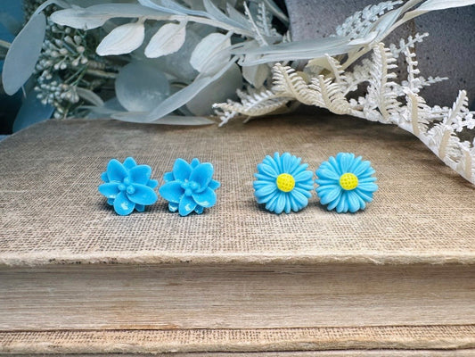 Blue Flower Stud Earring Gift Set, Sky Blue Gerber Daisy Earrings and Lotus Post Earrings, Hypoallergenic Surgical Steel Post Earrings