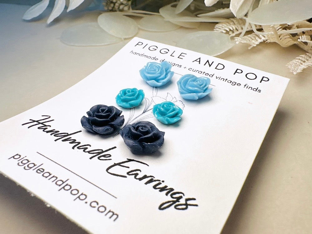 Blue Flower Stud Earrings Set, Handmade Resin Floral Post Earrings in Shades of Blue, Hypoallergenic Jewelry Gift Set for Her
