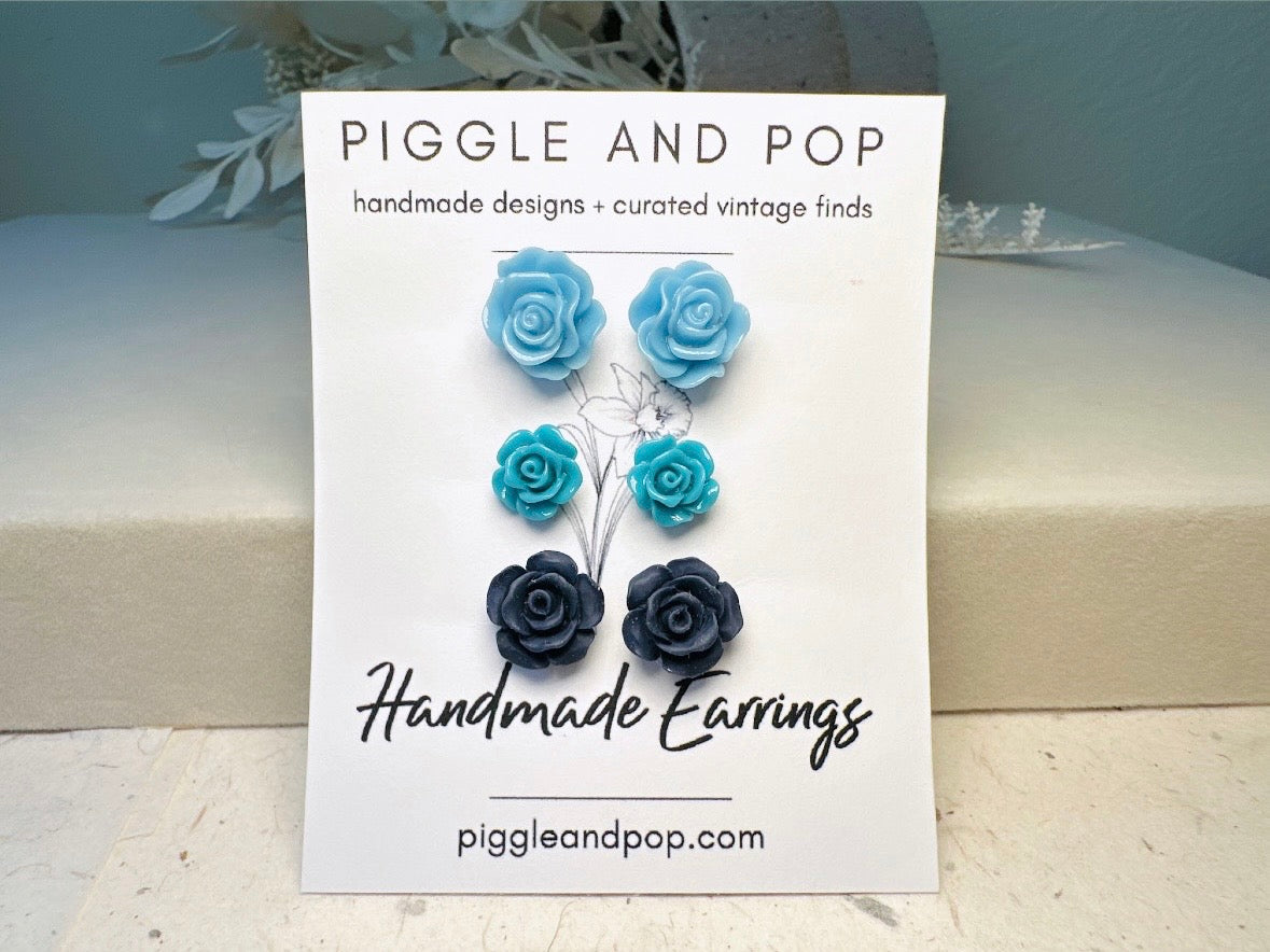 Blue Flower Stud Earrings Set, Handmade Resin Floral Post Earrings in Shades of Blue, Hypoallergenic Jewelry Gift Set for Her