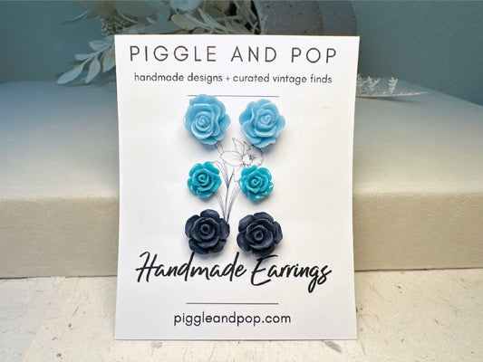 Blue Flower Stud Earrings Set, Handmade Resin Floral Post Earrings in Shades of Blue, Hypoallergenic Jewelry Gift Set for Her