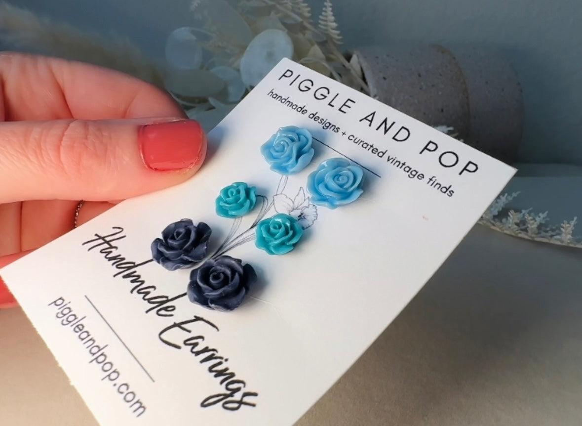 Blue Flower Stud Earrings Set, Handmade Resin Floral Post Earrings in Shades of Blue, Hypoallergenic Jewelry Gift Set for Her