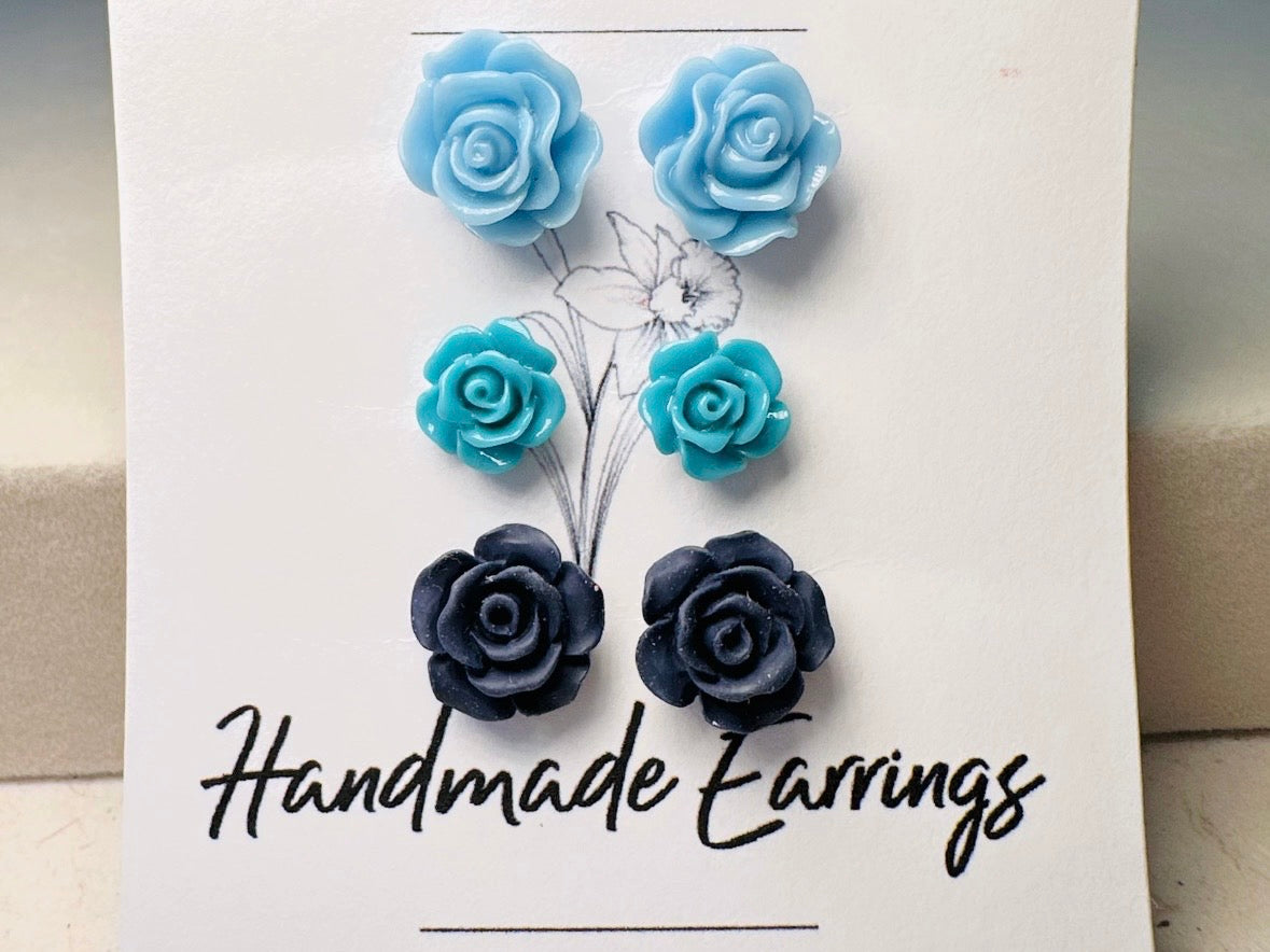 Blue Flower Stud Earrings Set, Handmade Resin Floral Post Earrings in Shades of Blue, Hypoallergenic Jewelry Gift Set for Her