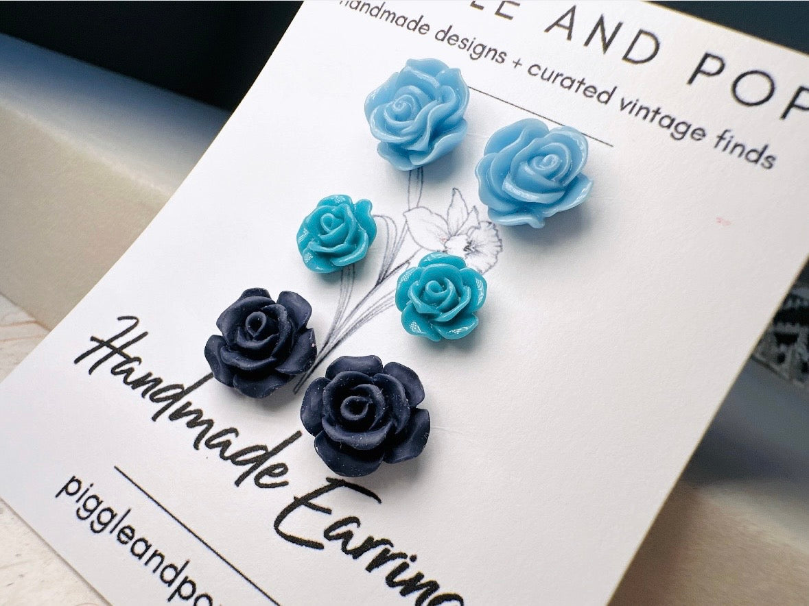 Blue Flower Stud Earrings Set, Handmade Resin Floral Post Earrings in Shades of Blue, Hypoallergenic Jewelry Gift Set for Her