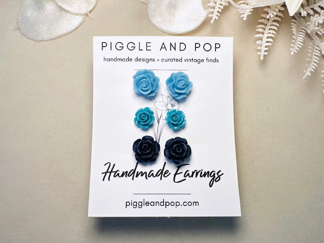 Blue Flower Stud Earrings Set, Handmade Resin Floral Post Earrings in Shades of Blue, Hypoallergenic Jewelry Gift Set for Her