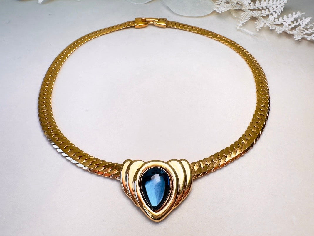 Blue Gripoix Necklace, Vintage Napier Gold Choker with Deep Montana Blue Glass Cabochon Focal 