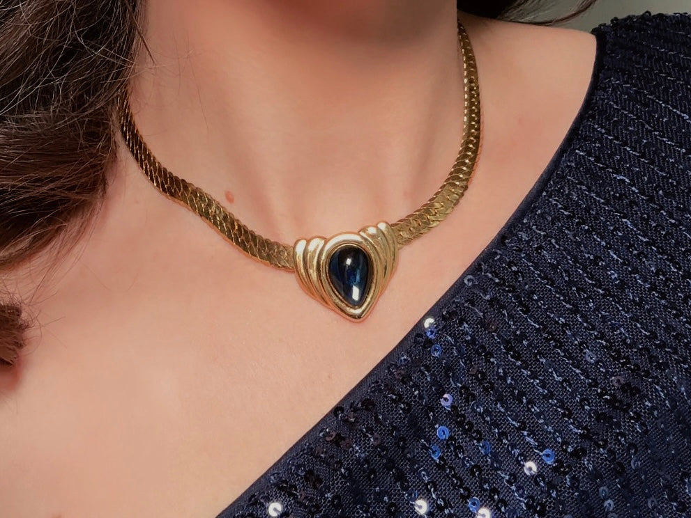 Blue Gripoix Necklace, Vintage Napier Gold Choker with Deep Montana Blue Glass Cabochon Focal 