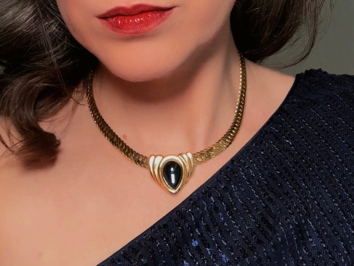 Blue Gripoix Necklace, Vintage Napier Gold Choker with Deep Montana Blue Glass Cabochon Focal 