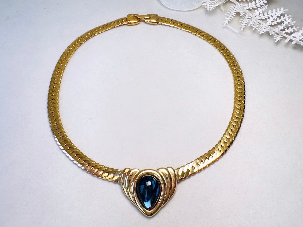 Blue Gripoix Necklace, Vintage Napier Gold Choker with Deep Montana Blue Glass Cabochon Focal 