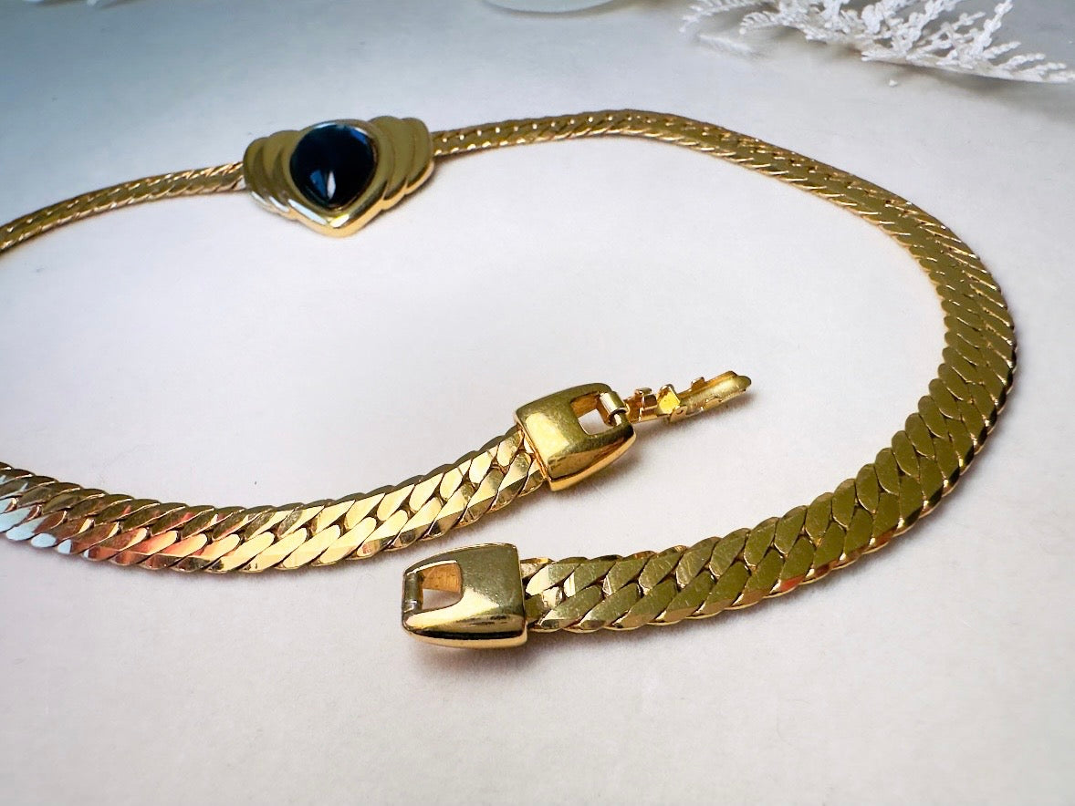 Blue Gripoix Necklace, Vintage Napier Gold Choker with Deep Montana Blue Glass Cabochon Focal 