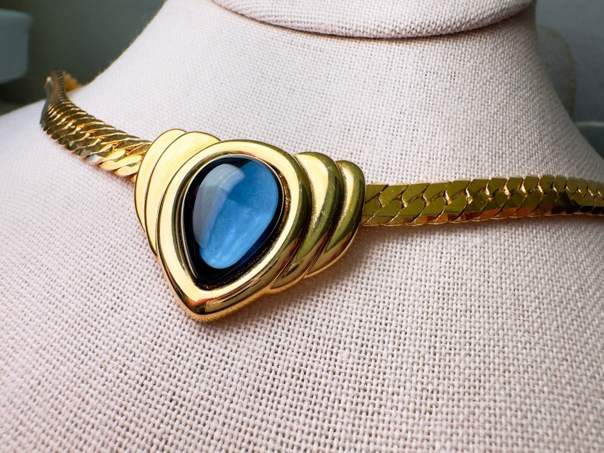Blue Gripoix Necklace, Vintage Napier Gold Choker with Deep Montana Blue Glass Cabochon Focal 