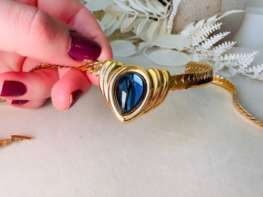 Blue Gripoix Necklace, Vintage Napier Gold Choker with Deep Montana Blue Glass Cabochon Focal 