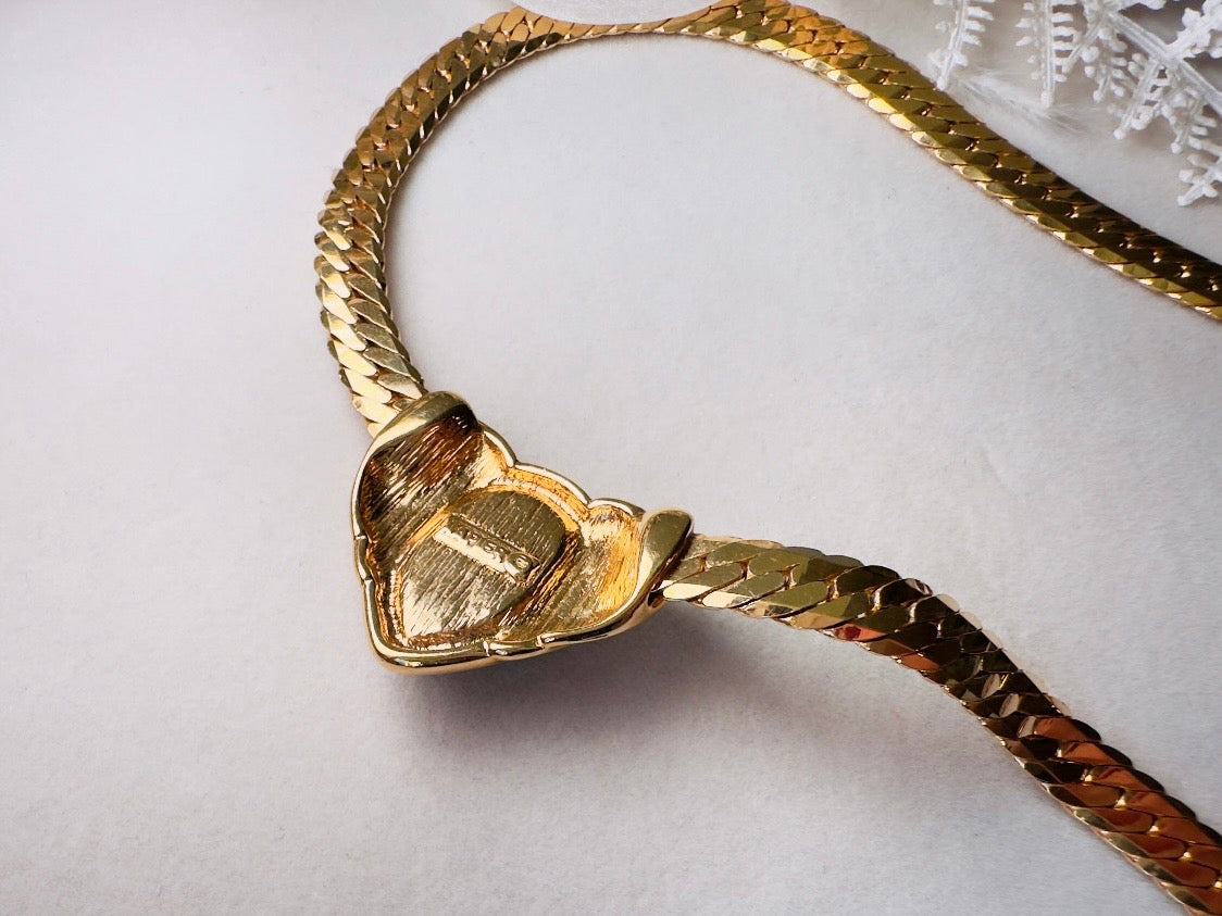 Blue Gripoix Necklace, Vintage Napier Gold Choker with Deep Montana Blue Glass Cabochon Focal 