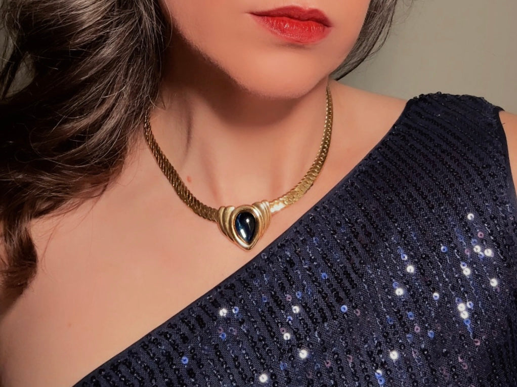 Blue Gripoix Necklace, Vintage Napier Gold Choker with Deep Montana Blue Glass Cabochon Focal 