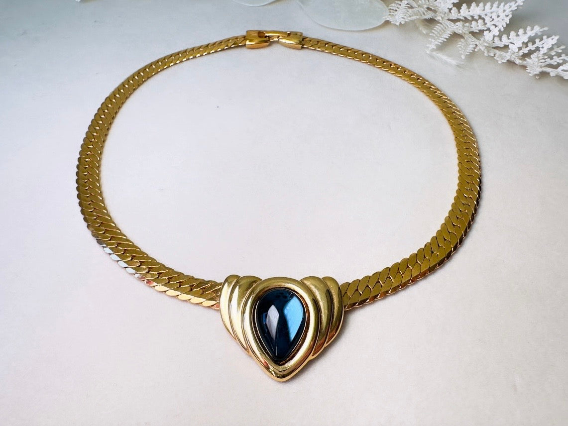 Blue Gripoix Necklace, Vintage Napier Gold Choker with Deep Montana Blue Glass Cabochon Focal 