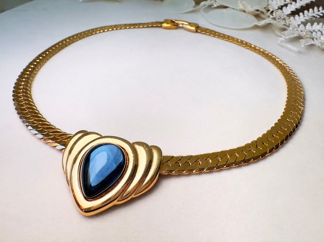 Blue Gripoix Necklace, Vintage Napier Gold Choker with Deep Montana Blue Glass Cabochon Focal 