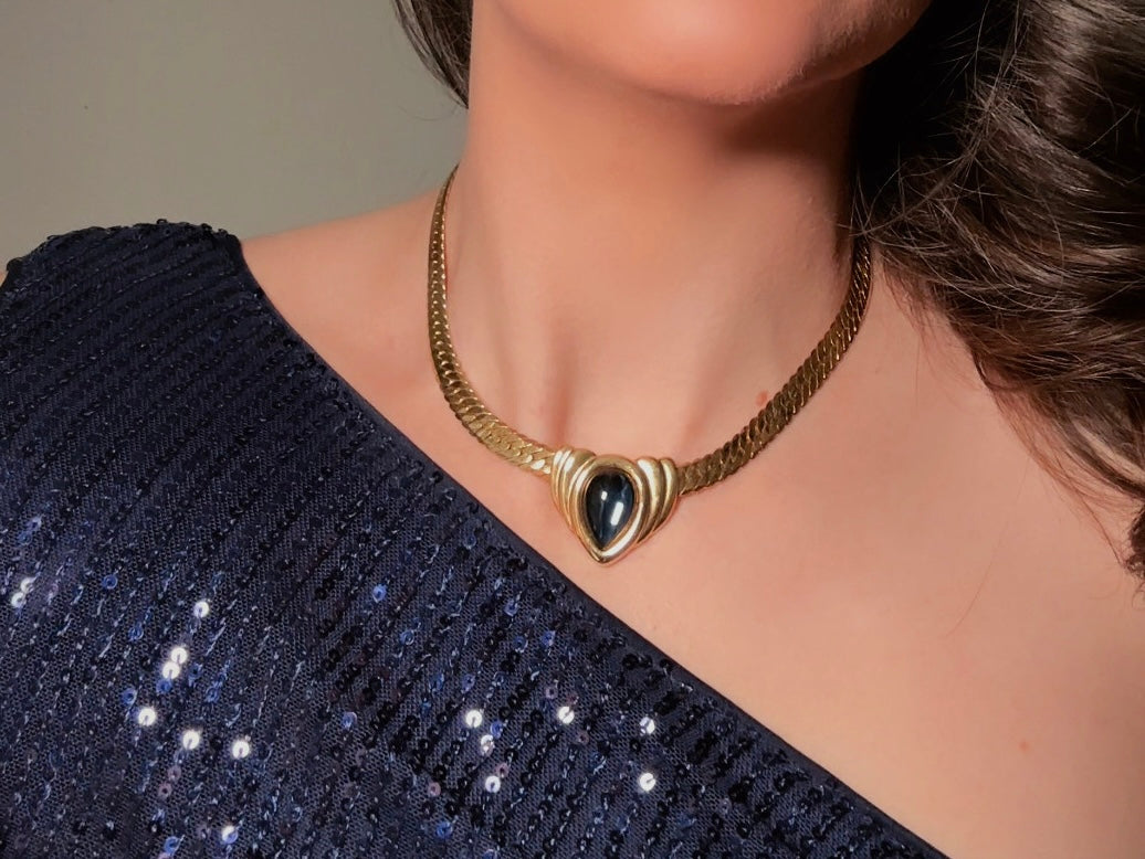 Blue Gripoix Necklace, Vintage Napier Gold Choker with Deep Montana Blue Glass Cabochon Focal 
