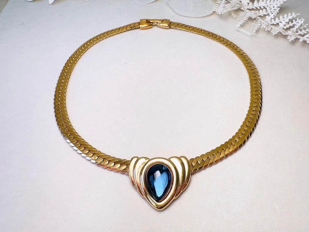 Blue Gripoix Necklace, Vintage Napier Gold Choker with Deep Montana Blue Glass Cabochon Focal 