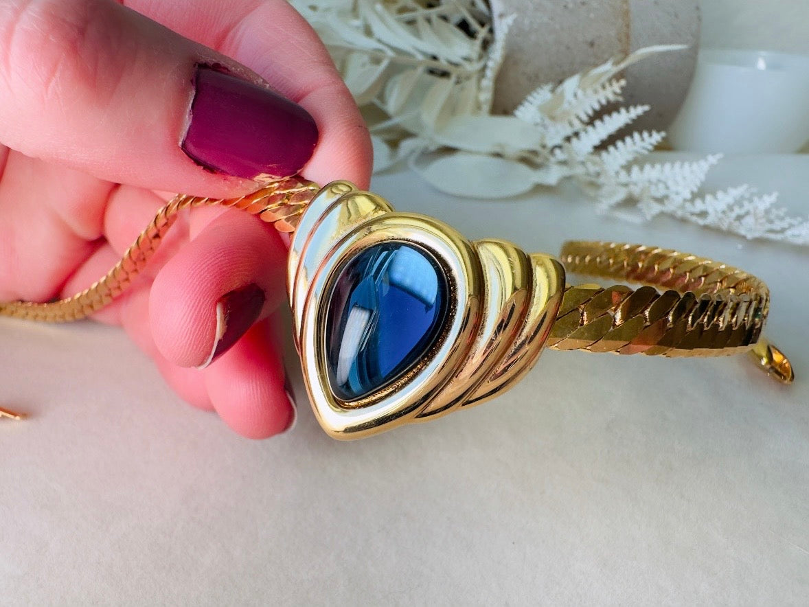 Blue Gripoix Necklace, Vintage Napier Gold Choker with Deep Montana Blue Glass Cabochon Focal 