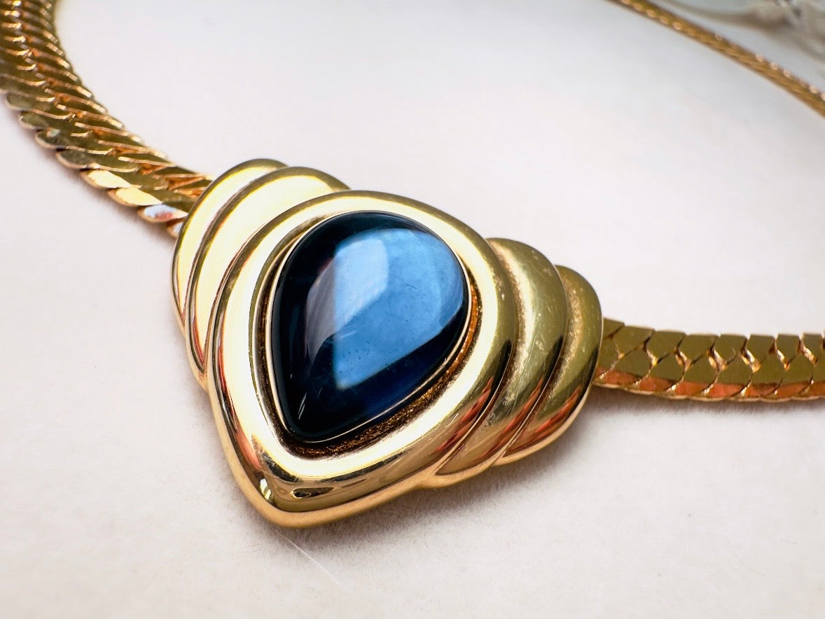 Blue Gripoix Necklace, Vintage Napier Gold Choker with Deep Montana Blue Glass Cabochon Focal 