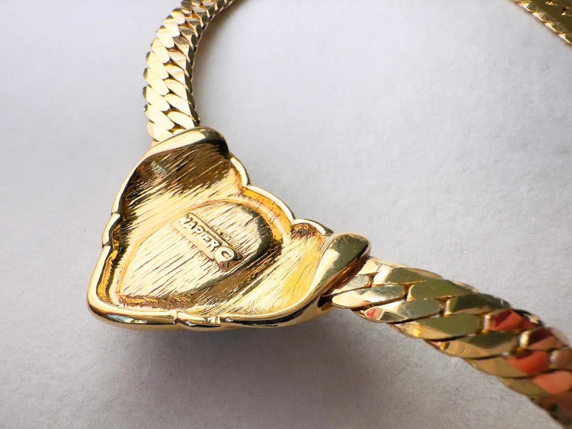 Blue Gripoix Necklace, Vintage Napier Gold Choker with Deep Montana Blue Glass Cabochon Focal 