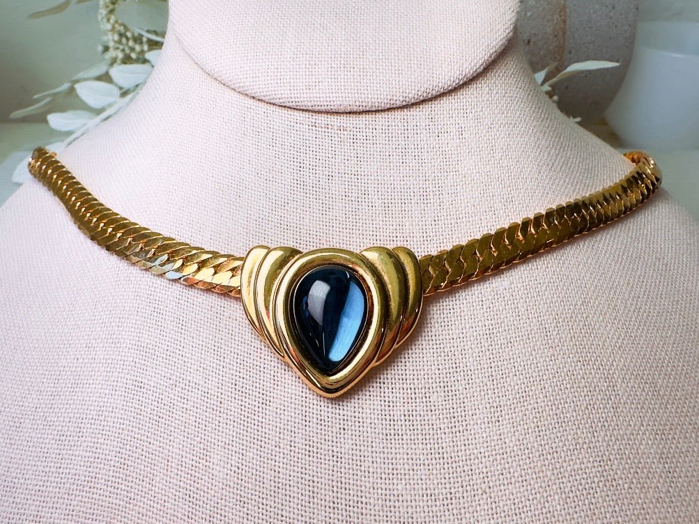 Blue Gripoix Necklace, Vintage Napier Gold Choker with Deep Montana Blue Glass Cabochon Focal 