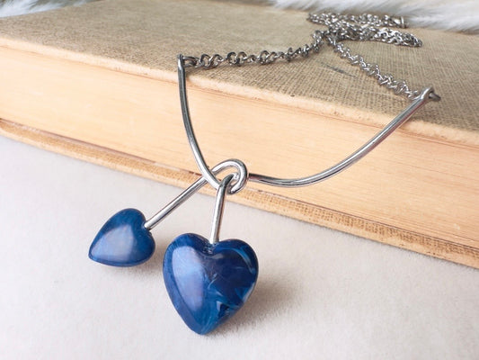 Blue Heart Necklace, 70s Vintage Silver Necklace with Double Heart Faux Lapis Pendant