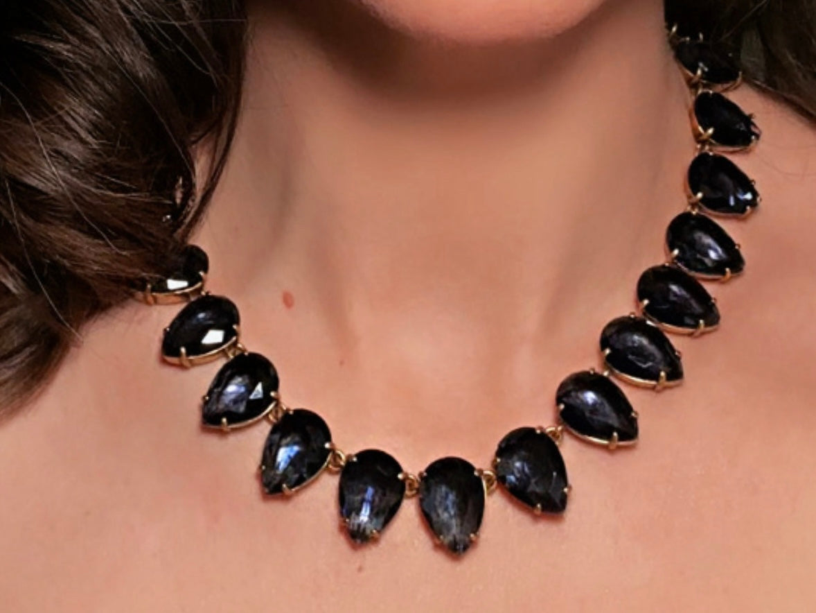 Blue Rhinestone Statement Necklace, Vintage J Crew Faceted Teardrop Collar Necklace in Deep Montana Blue