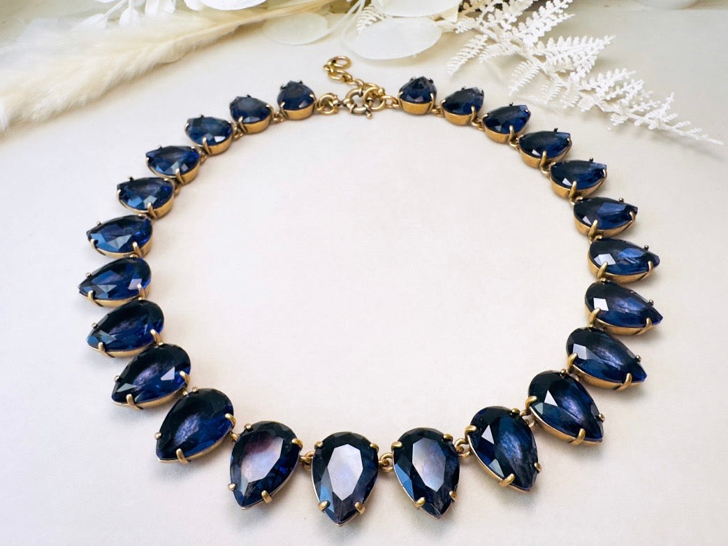 Blue Rhinestone Statement Necklace, Vintage J Crew Faceted Teardrop Collar Necklace in Deep Montana Blue