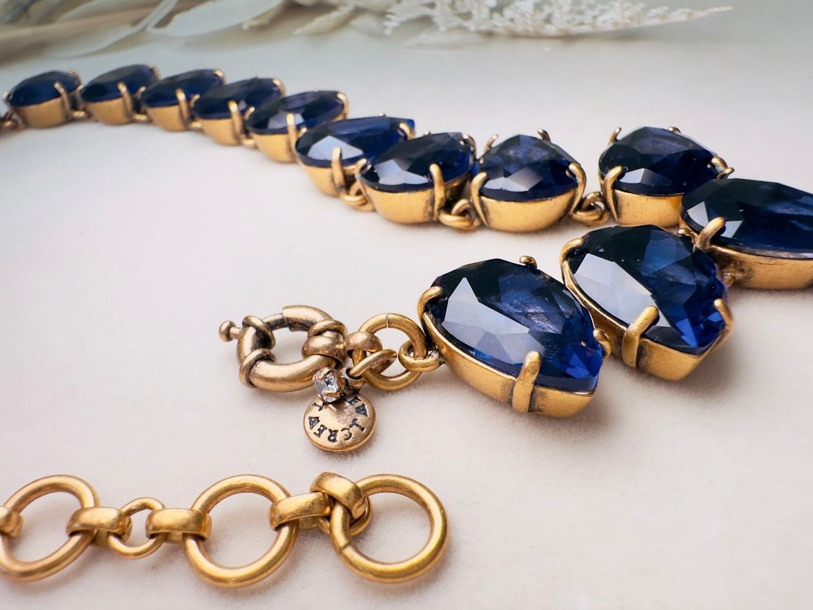 Blue Rhinestone Statement Necklace, Vintage J Crew Faceted Teardrop Collar Necklace in Deep Montana Blue