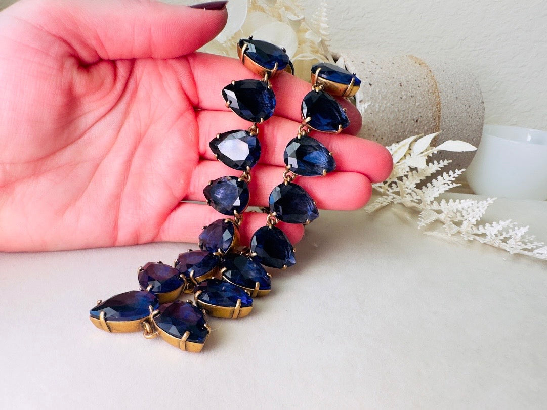 Blue Rhinestone Statement Necklace, Vintage J Crew Faceted Teardrop Collar Necklace in Deep Montana Blue