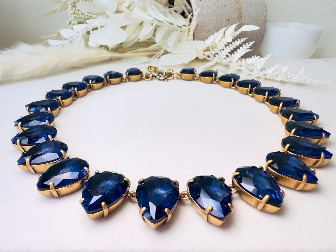 Blue Rhinestone Statement Necklace, Vintage J Crew Faceted Teardrop Collar Necklace in Deep Montana Blue
