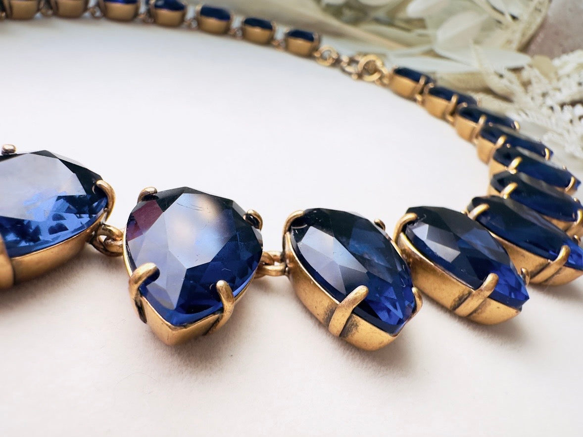 Blue Rhinestone Statement Necklace, Vintage J Crew Faceted Teardrop Collar Necklace in Deep Montana Blue