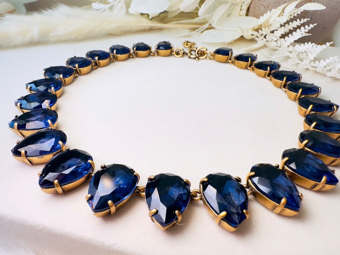 Blue Rhinestone Statement Necklace, Vintage J Crew Faceted Teardrop Collar Necklace in Deep Montana Blue