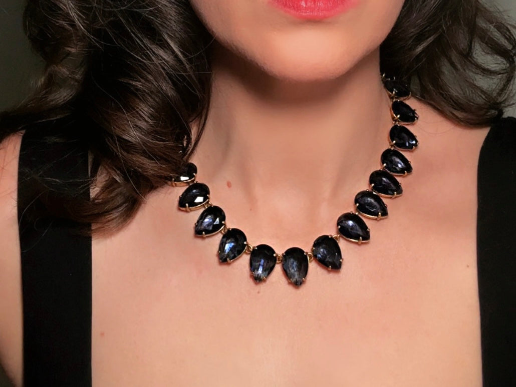 Blue Rhinestone Statement Necklace, Vintage J Crew Faceted Teardrop Collar Necklace in Deep Montana Blue