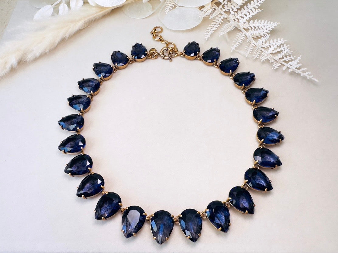 Blue Rhinestone Statement Necklace, Vintage J Crew Faceted Teardrop Collar Necklace in Deep Montana Blue
