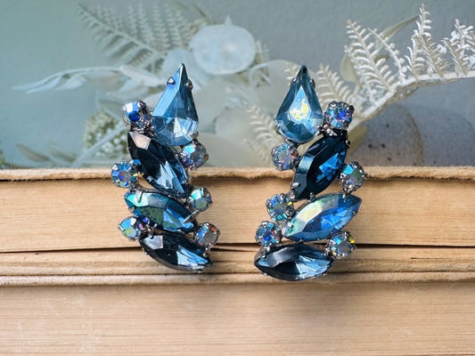 Blue Vintage Crystal Cocktail Earrings, 1960s Marquise Rhinestone Climber Statement Earrings