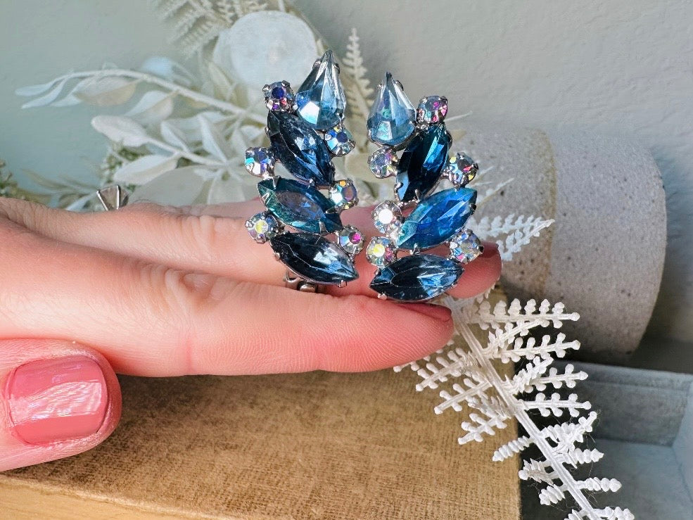 Blue Vintage Crystal Cocktail Earrings, 1960s Marquise Rhinestone Climber Statement Earrings