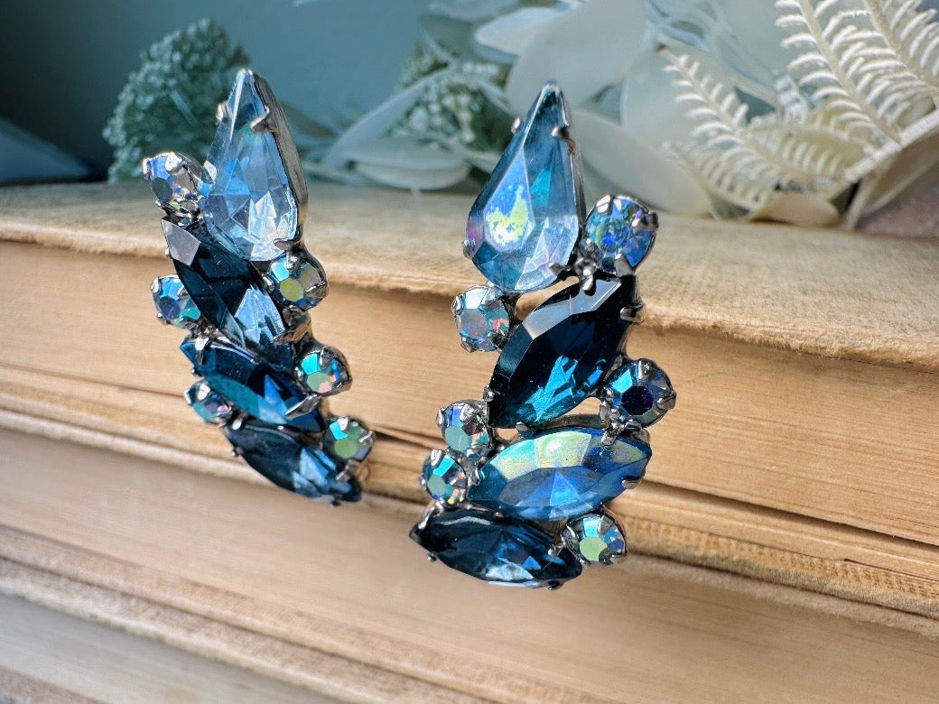 Blue Vintage Crystal Cocktail Earrings, 1960s Marquise Rhinestone Climber Statement Earrings